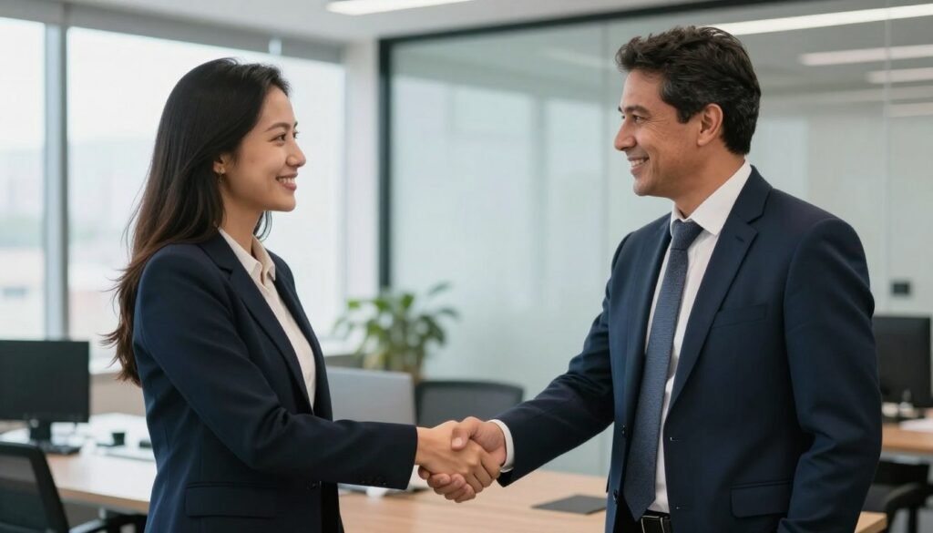 Aperto de mãos entre contador e empresário brasileiro formalizando parceria de migração MEI para ME