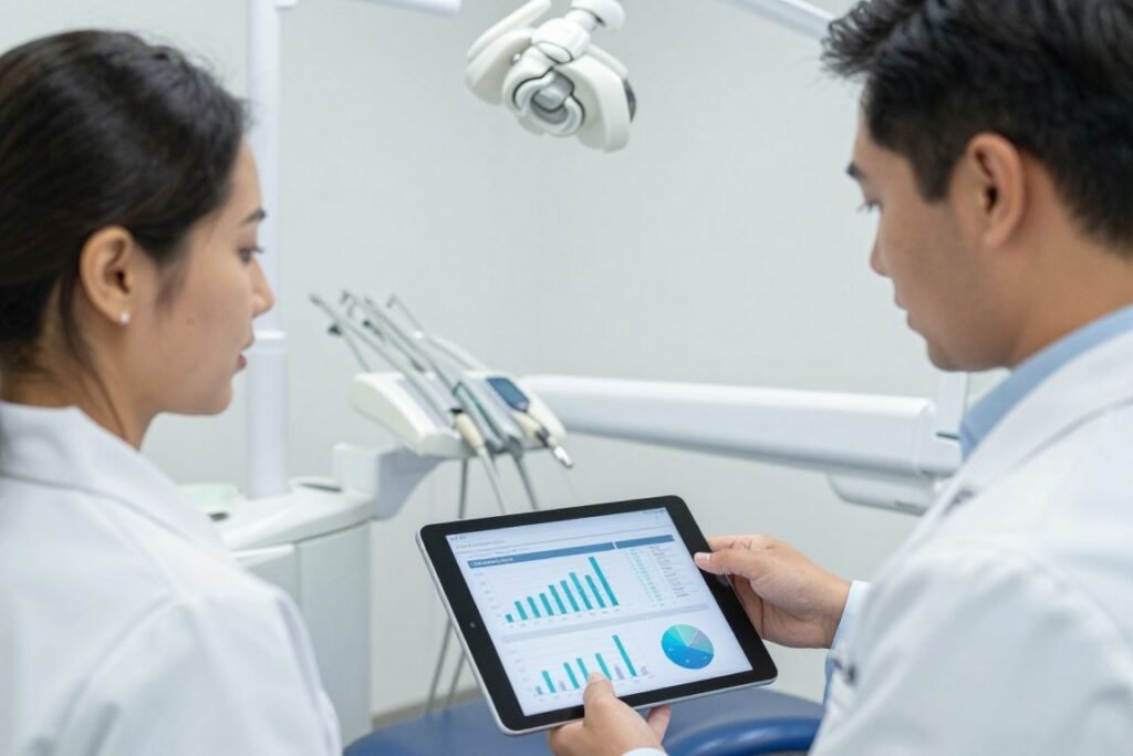 Dentista recebendo consultoria contábil especializada