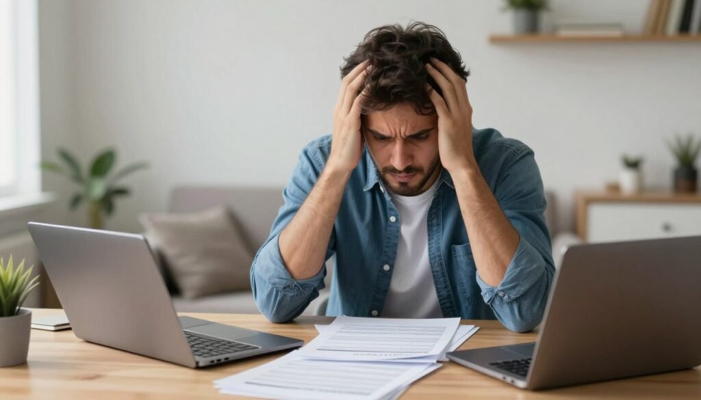 Empreendedor brasileiro preocupado com documentos fiscais em escritório