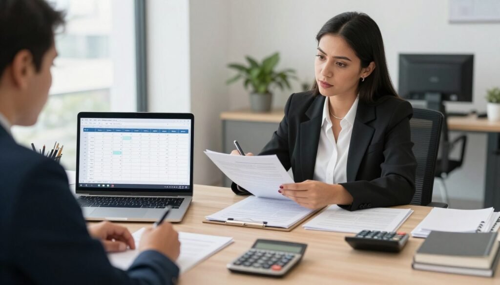 Empresária brasileira revisando obrigações fiscais em escritório moderno com contador