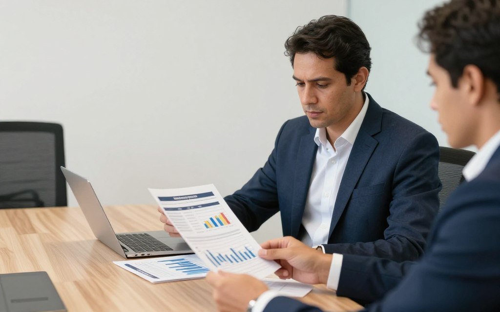 Empresário brasileiro analisando relatórios gerenciais impressos durante reunião estratégica