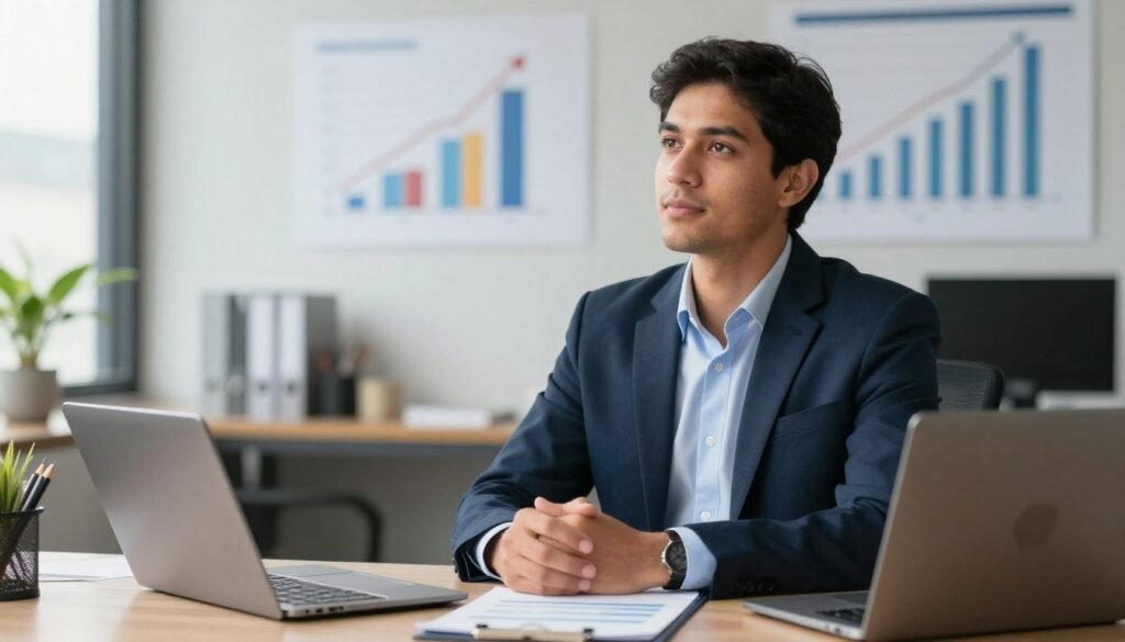 Empresário brasileiro confiante olhando para o futuro com gestão financeira organizada