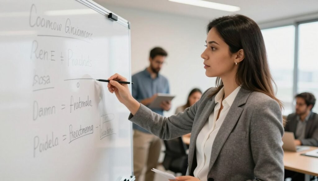 Empresário brasileiro focado em planejamento estratégico em escritório enquanto equipe cuida da operação