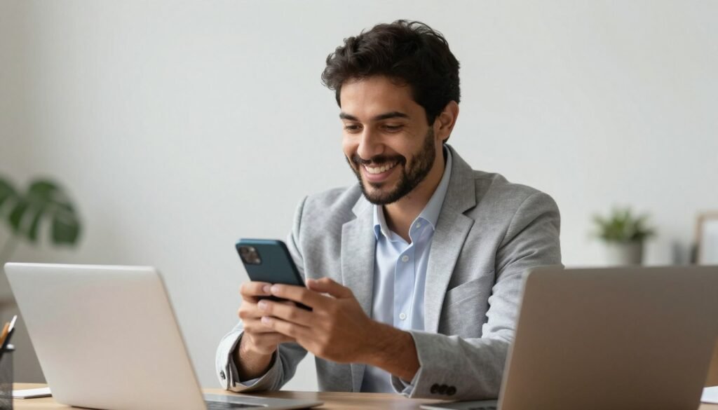 Empresário brasileiro satisfeito usando smartphone para agendar reunião via WhatsApp