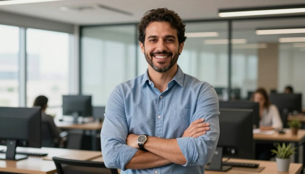 Empresário brasileiro sorridente comemorando crescimento empresarial em escritório moderno
