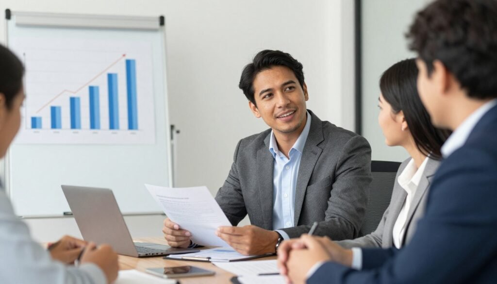 Empresário confiante analisando projeções financeiras positivas em reunião estratégica