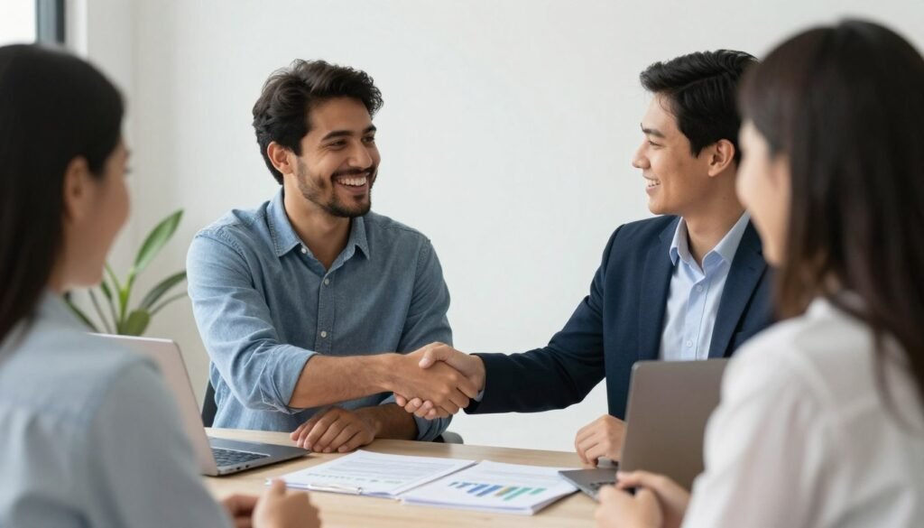 Empresário feliz após reunião produtiva com contador sobre BPO financeiro