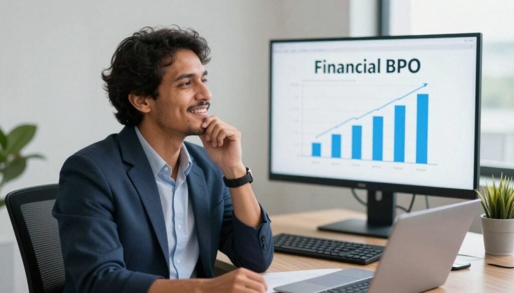 Empresário satisfeito revisando resultados positivos após implementar BPO financeiro