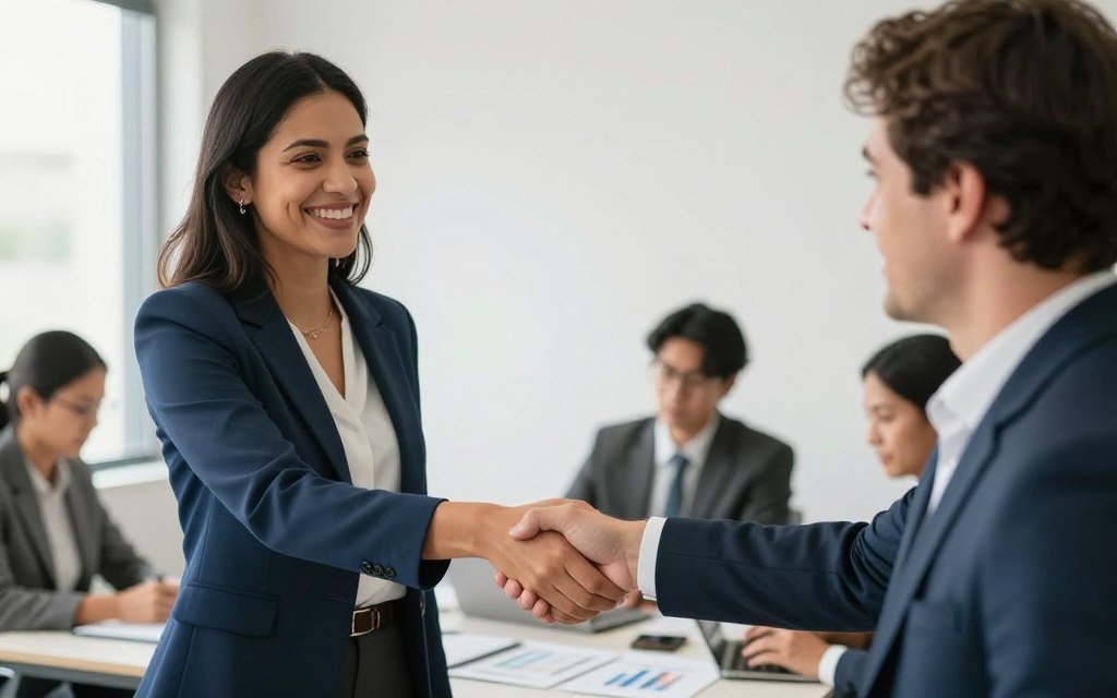 Empresário sorridente fechando negócio enquanto equipe cuida da gestão financeira