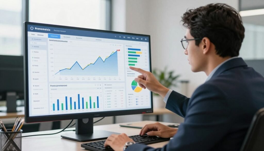 Empresário tomando decisão estratégica analisando dashboard financeiro completo