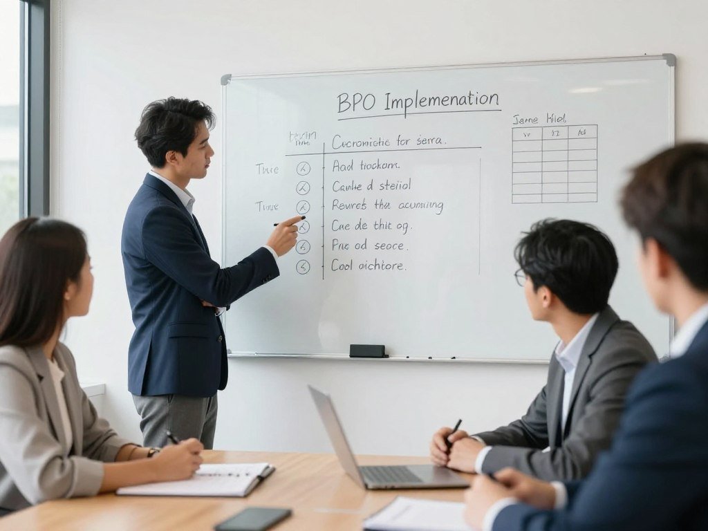 Equipe de contabilidade planejando implementação de BPO em reunião com cronograma