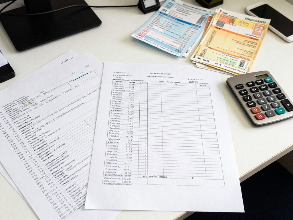 Planilhas financeiras desorganizadas e boletos em mesa de trabalho de pequeno empresário