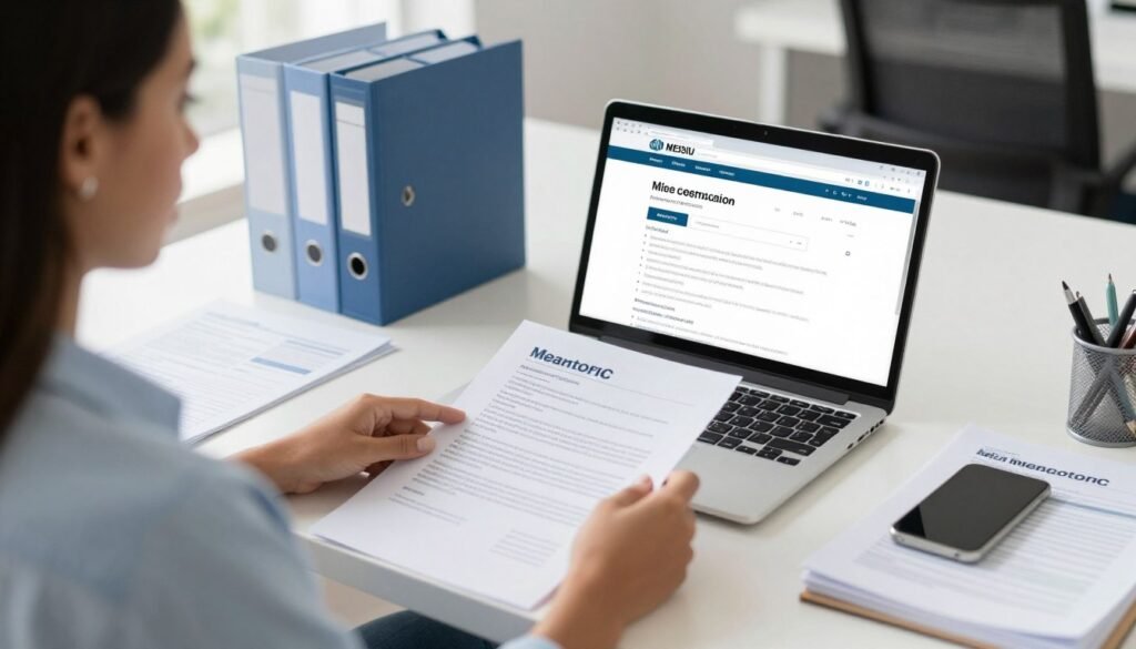Profissional brasileira organizando documentos para migração MEI para ME em escritório